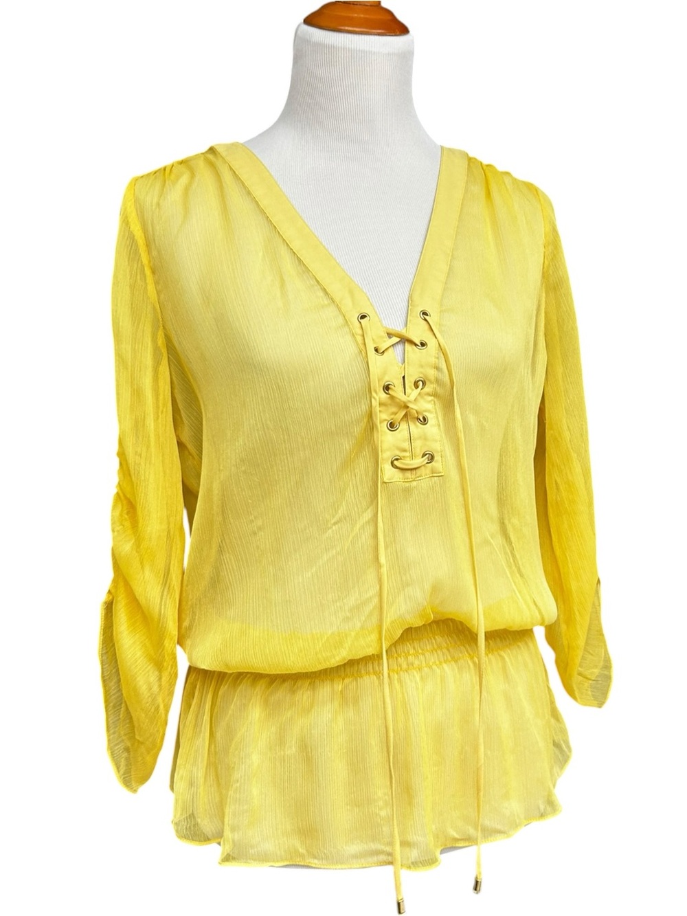 Cache Sheer Yellow Lace-Up Peasant Blouse Medium, Y2K Glam Sheer Summer Top